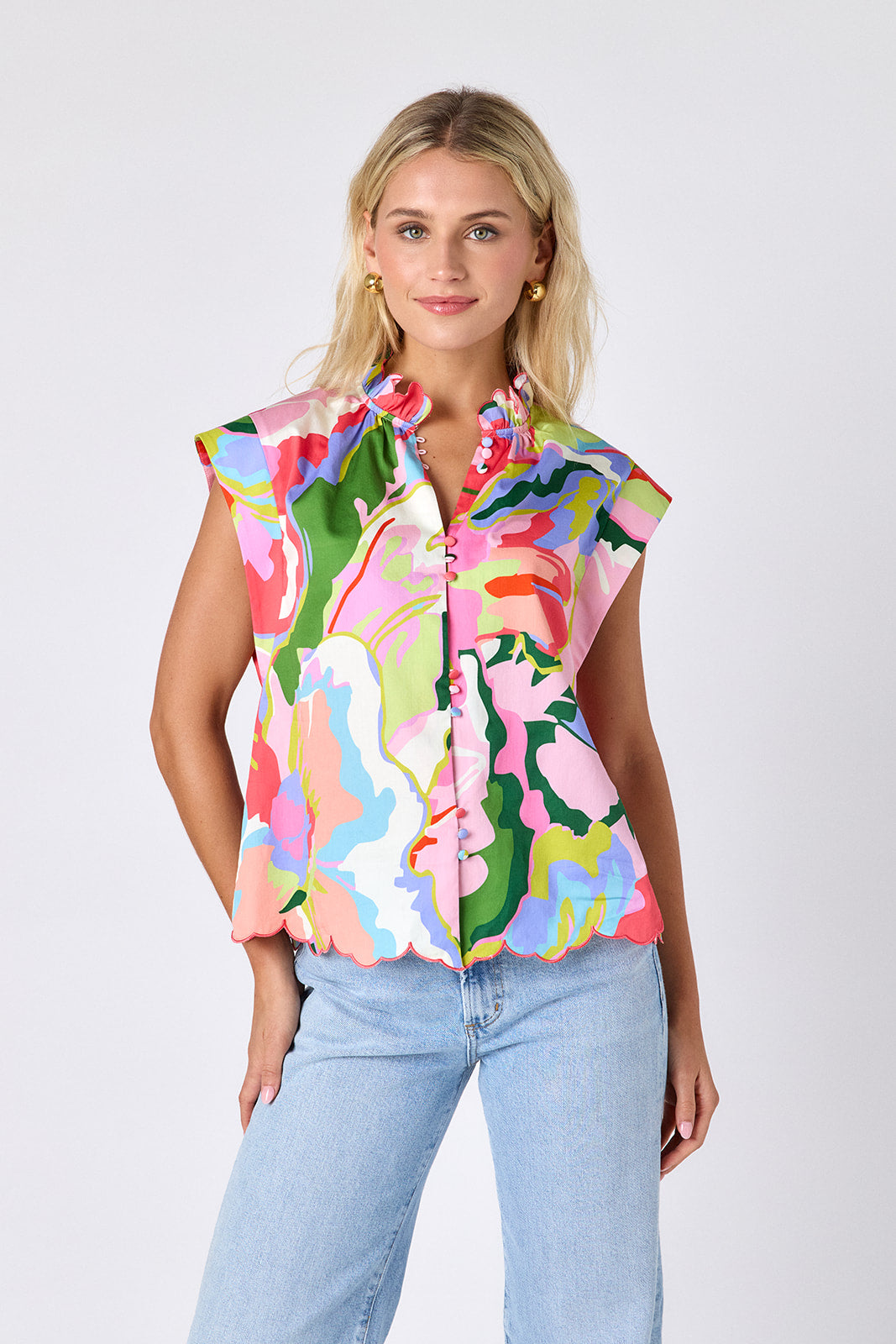 Flutter cotton top with scallop detail on model — CROSBY by Mollie Burch