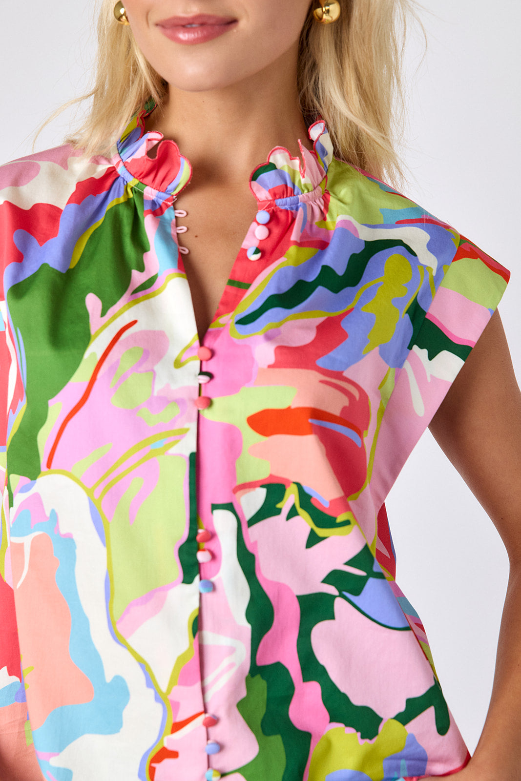 Flutter cotton top with scallop detail on model — CROSBY by Mollie Burch