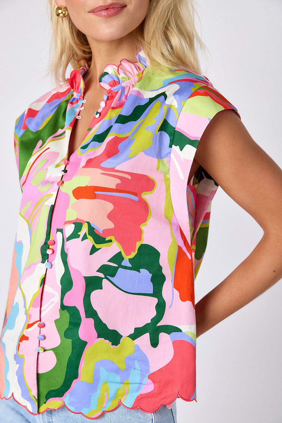 Flutter cotton top with scallop detail on model — CROSBY by Mollie Burch