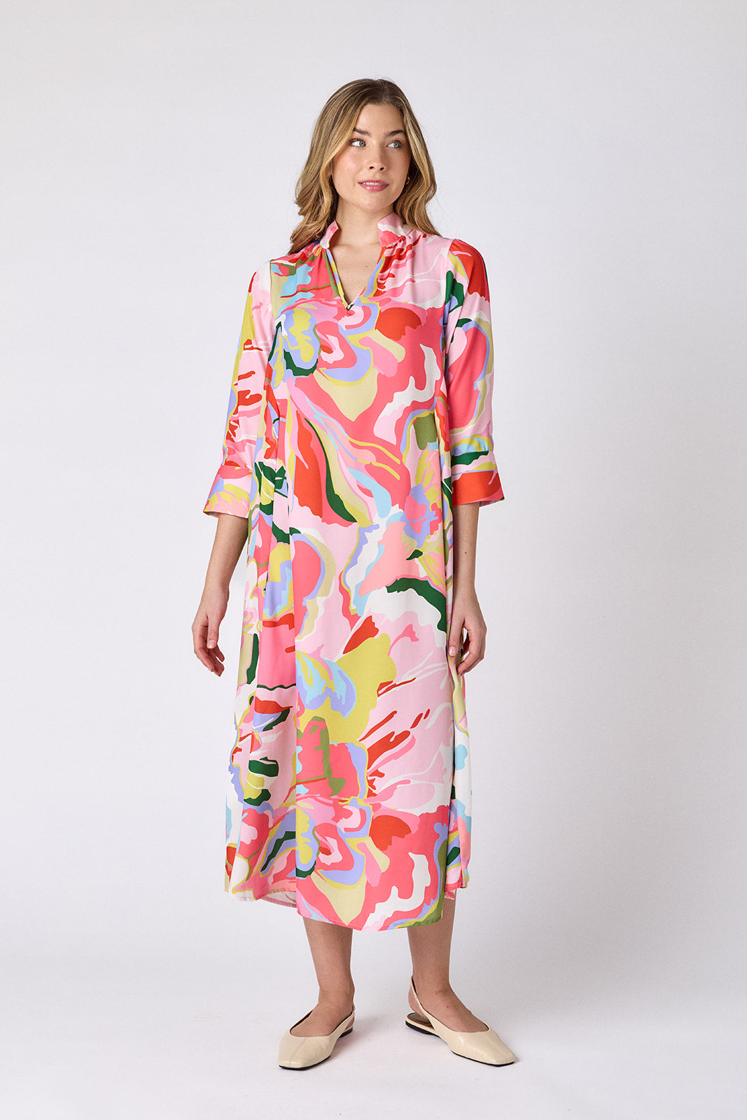 Flutter caftan style midi dress on model — CROSBY by Mollie Burch