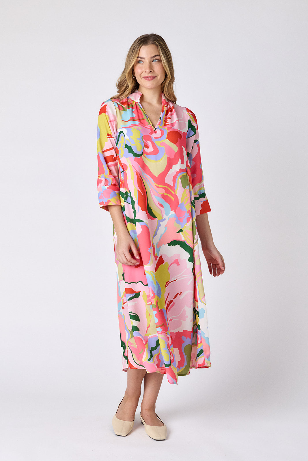 Flutter caftan style midi dress on model — CROSBY by Mollie Burch