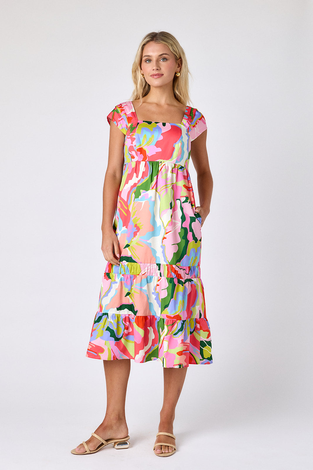 Flutter midi dress with square neckline and tiered skirt on model — CROSBY by Mollie Burch