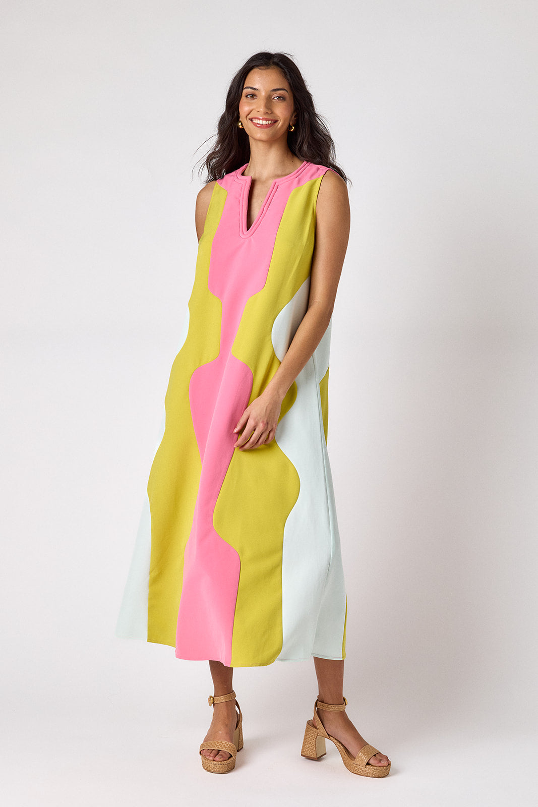 Garden Colorblock sleeveless v-neck ankle length dress on model — CROSBY by Mollie Burch