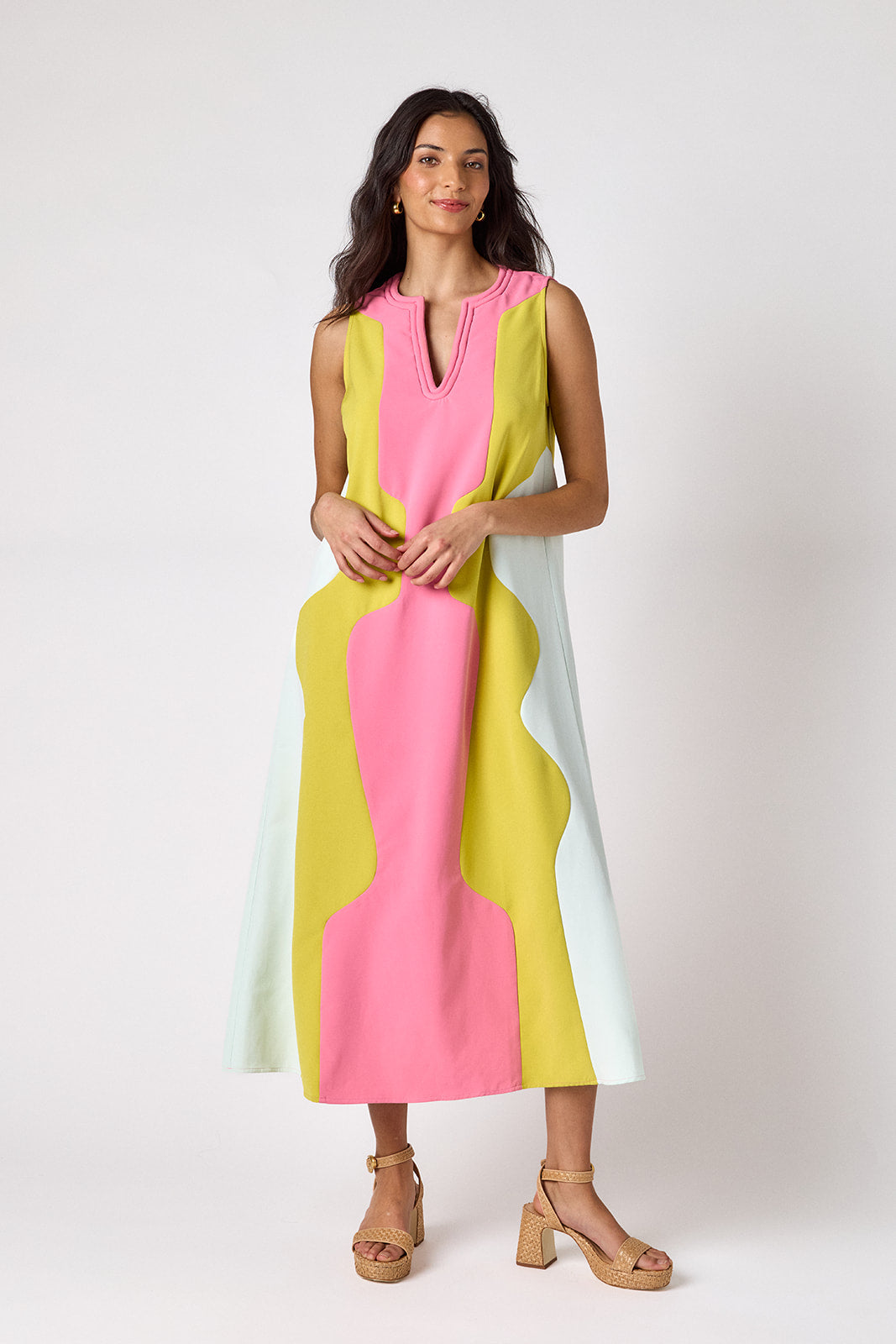 Garden Colorblock sleeveless v-neck ankle length dress on model — CROSBY by Mollie Burch