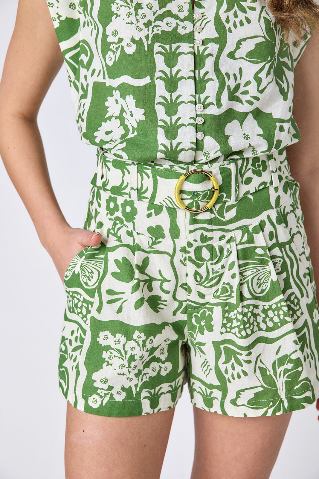 Gardener tailored shorts with belt on model — CROSBY by Mollie Burch