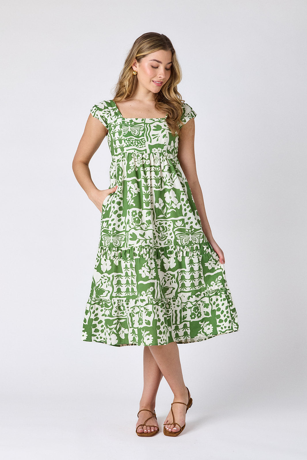 Gardener midi dress with square neckline and tiered skirt on model — CROSBY by Mollie Burch