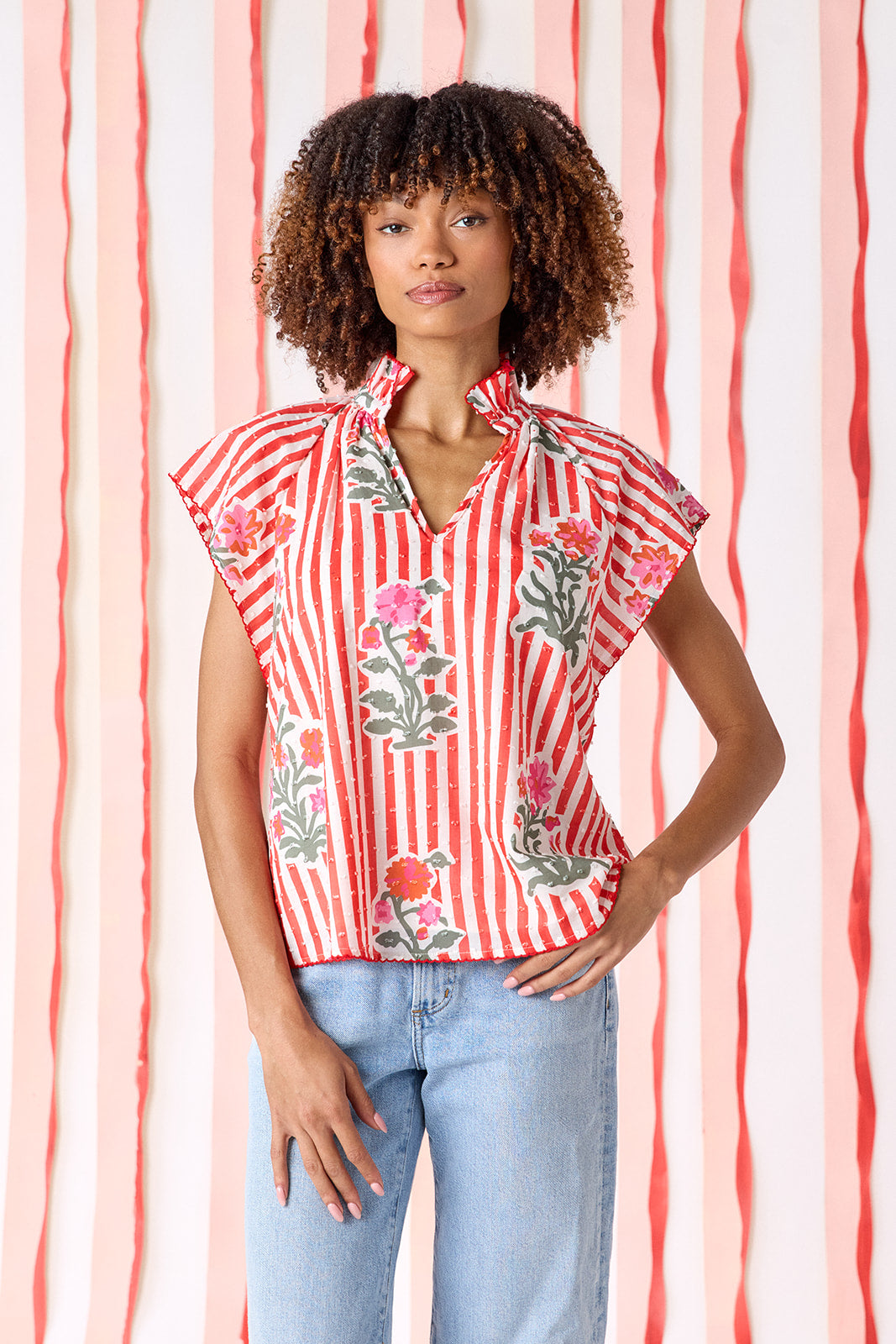 Garden Parasol raglan style short sleeve with swiss dot detail top on model — CROSBY by Mollie Burch