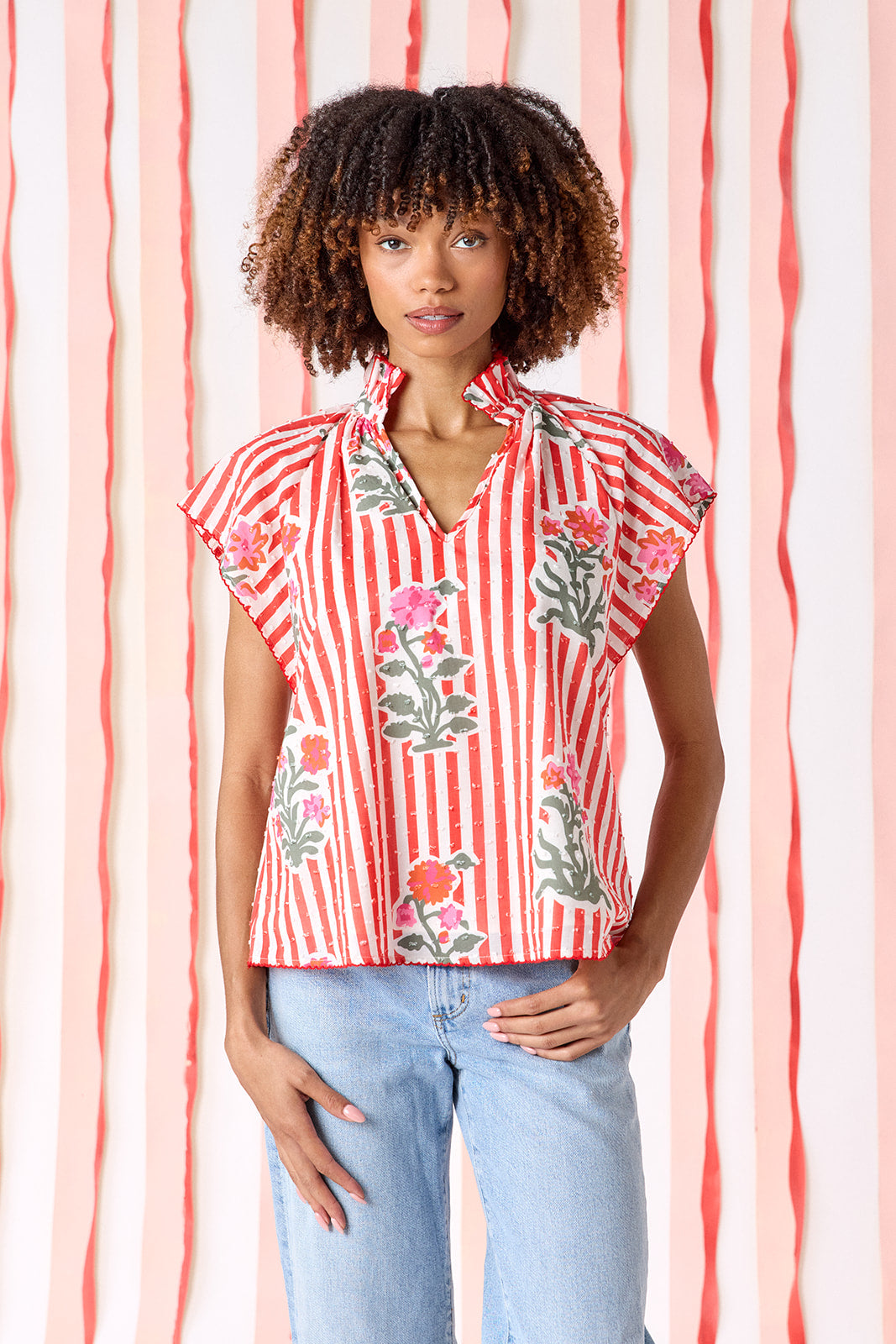Garden Parasol raglan style short sleeve with swiss dot detail top on model — CROSBY by Mollie Burch