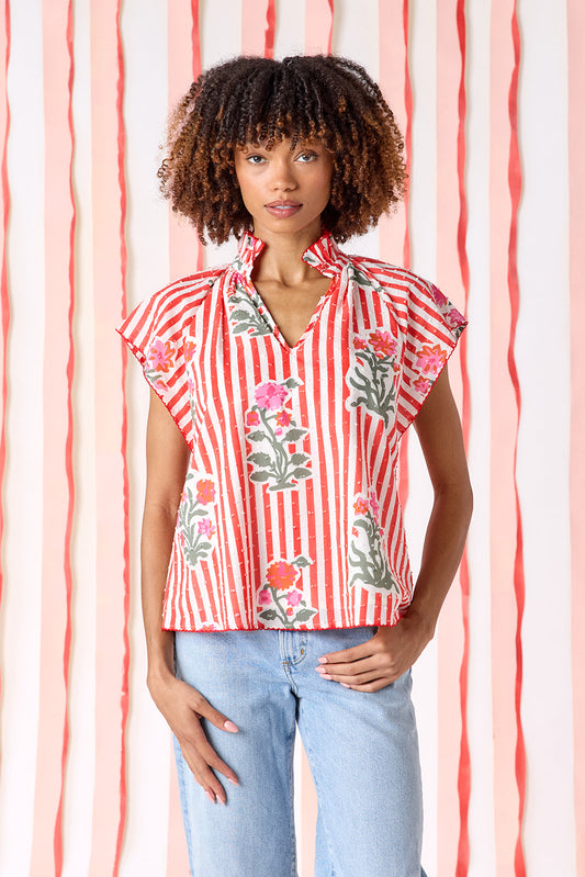 Garden Parasol raglan style short sleeve with swiss dot detail top on model — CROSBY by Mollie Burch