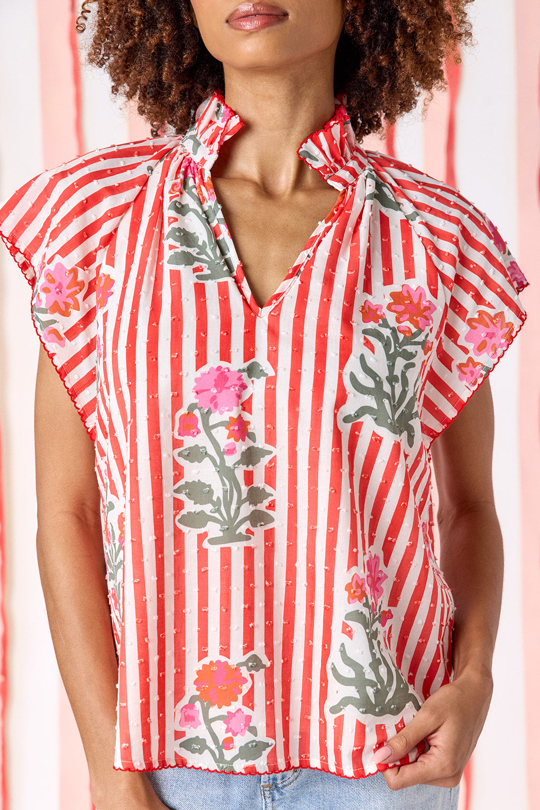 Garden Parasol raglan style short sleeve with swiss dot detail top on model — CROSBY by Mollie Burch