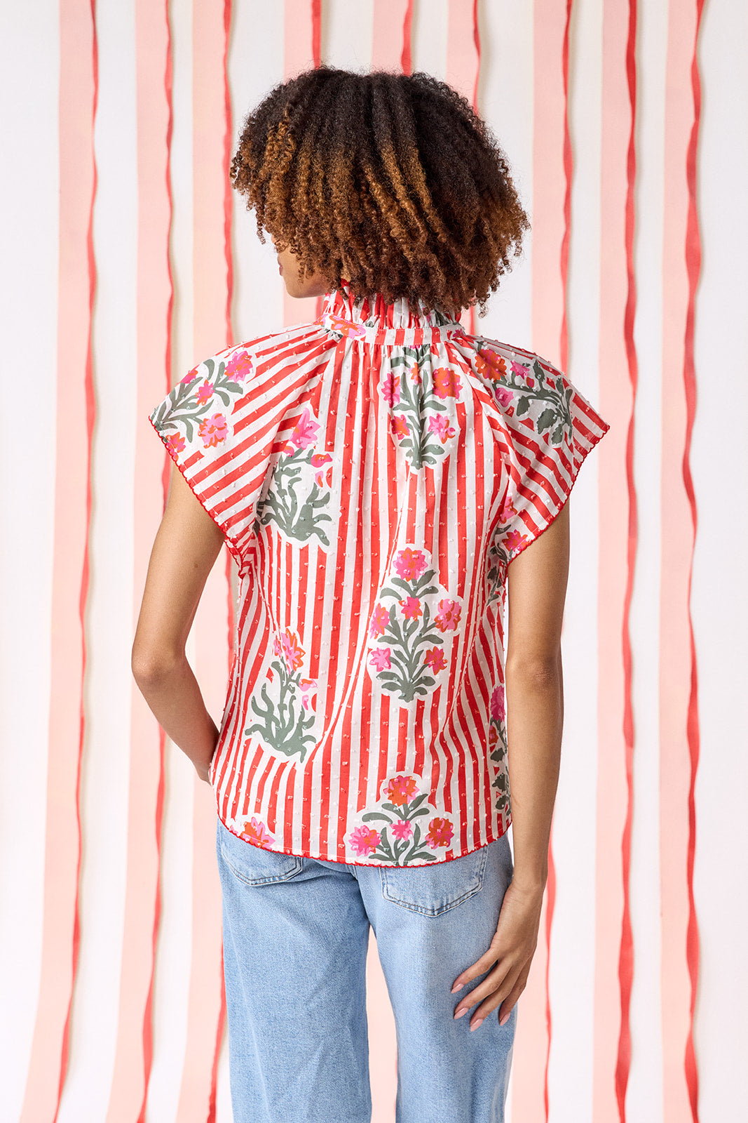 Garden Parasol raglan style short sleeve with swiss dot detail top on model — CROSBY by Mollie Burch