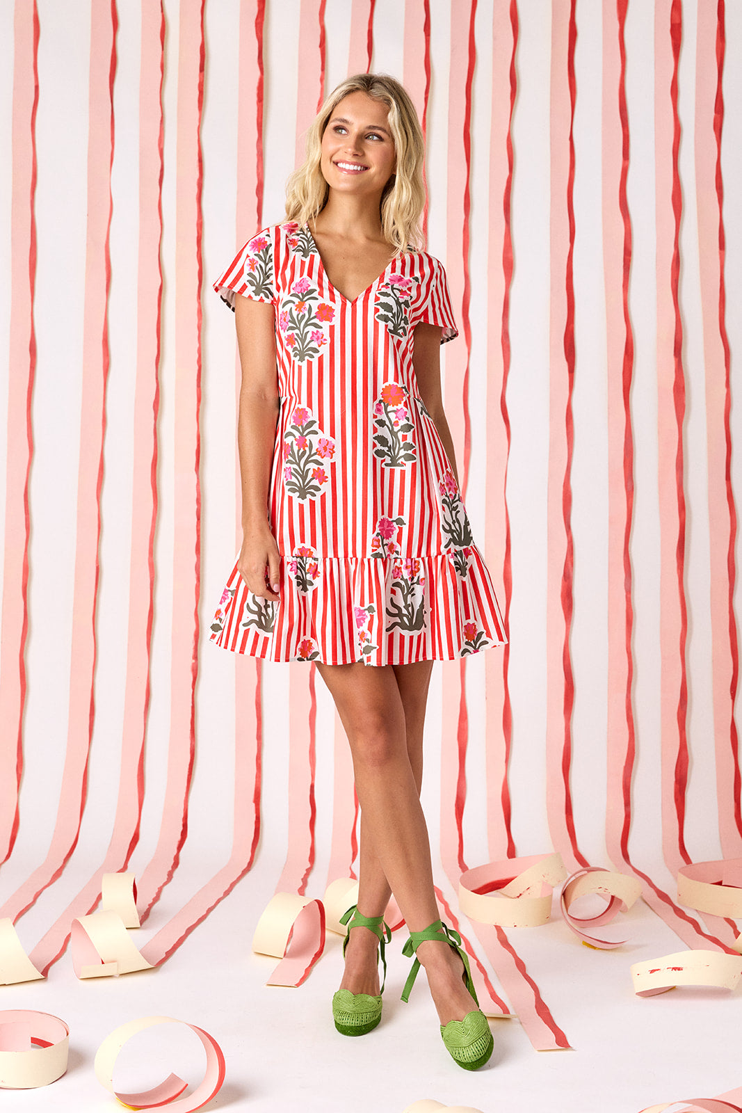 Garden Parasol V-neck short sleeve dress with flounce on model — CROSBY by Mollie Burch