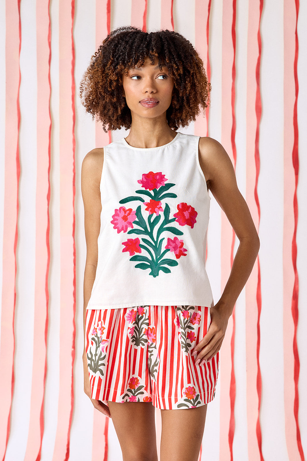 Garden Parasol shorts with Ivory A-line tank with embroidery detail on model — CROSBY by Mollie Burch