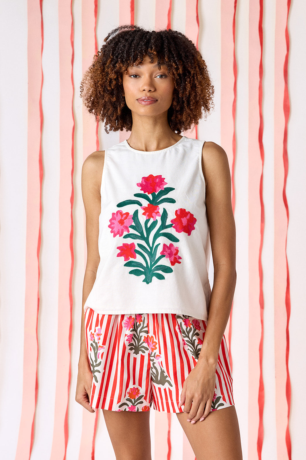 Ivory boxy a-line tank top with embroidery on model — CROSBY by Mollie Burch
