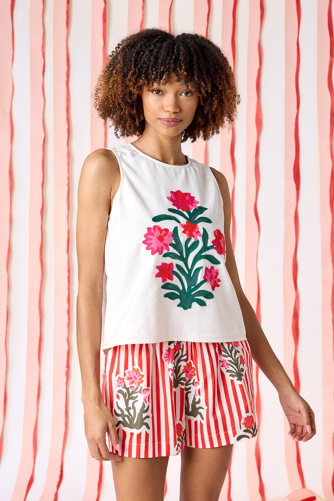 Ivory boxy a-line tank top with embroidery on model — CROSBY by Mollie Burch