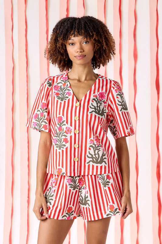 Garden Parasol short sleeve buttondown top with matching shorts on model — CROSBY by Mollie Burch