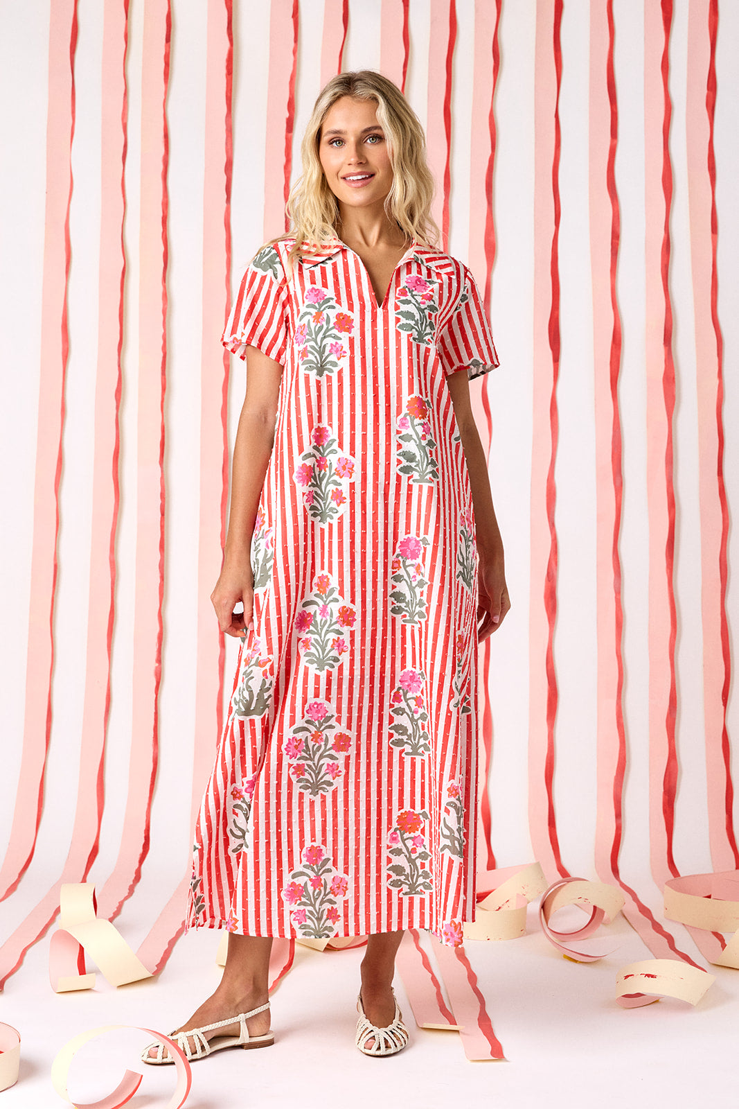 Garden Parasol short sleeve A-line split collared dress on model — CROSBY by Mollie Burch