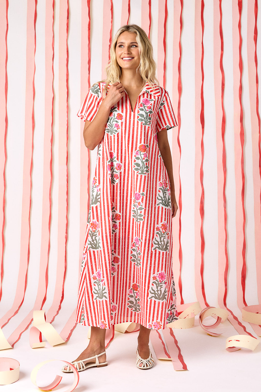 Garden Parasol short sleeve A-line split collared dress on model — CROSBY by Mollie Burch