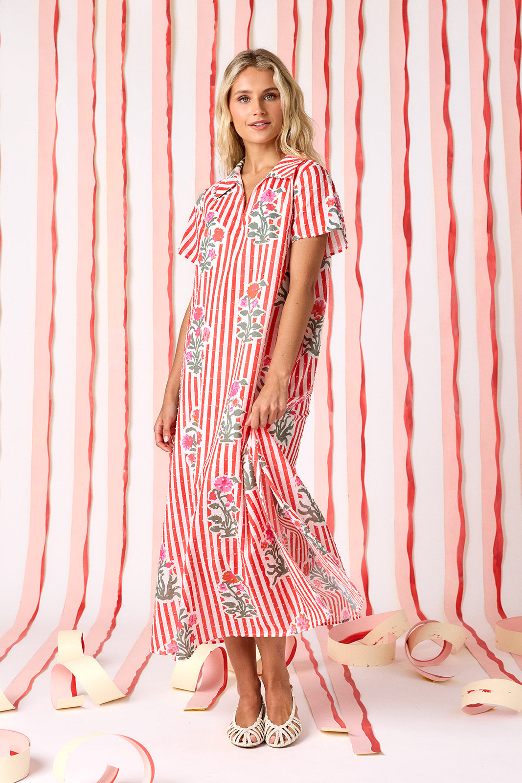 Garden Parasol short sleeve A-line split collared dress on model — CROSBY by Mollie Burch
