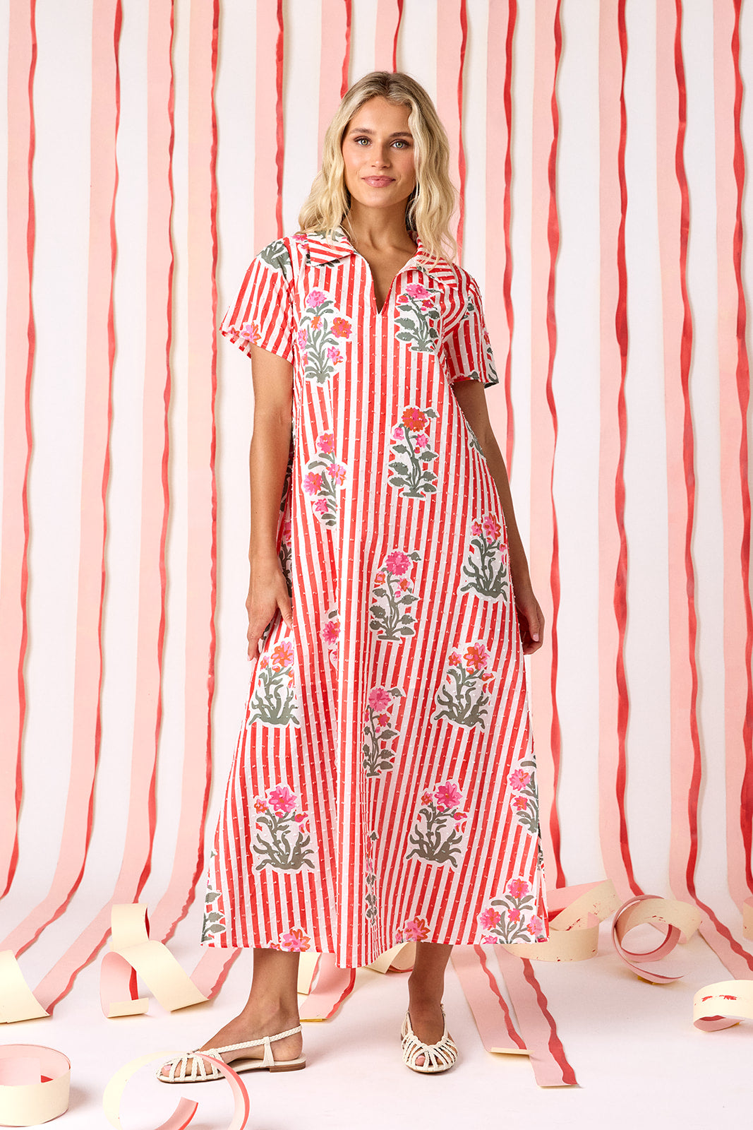 Garden Parasol short sleeve A-line split collared dress on model — CROSBY by Mollie Burch