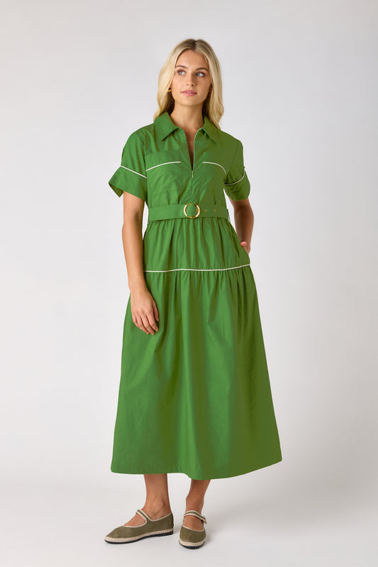 Grass short-sleeve collared midi dress with belt on model — CROSBY by Mollie Burch