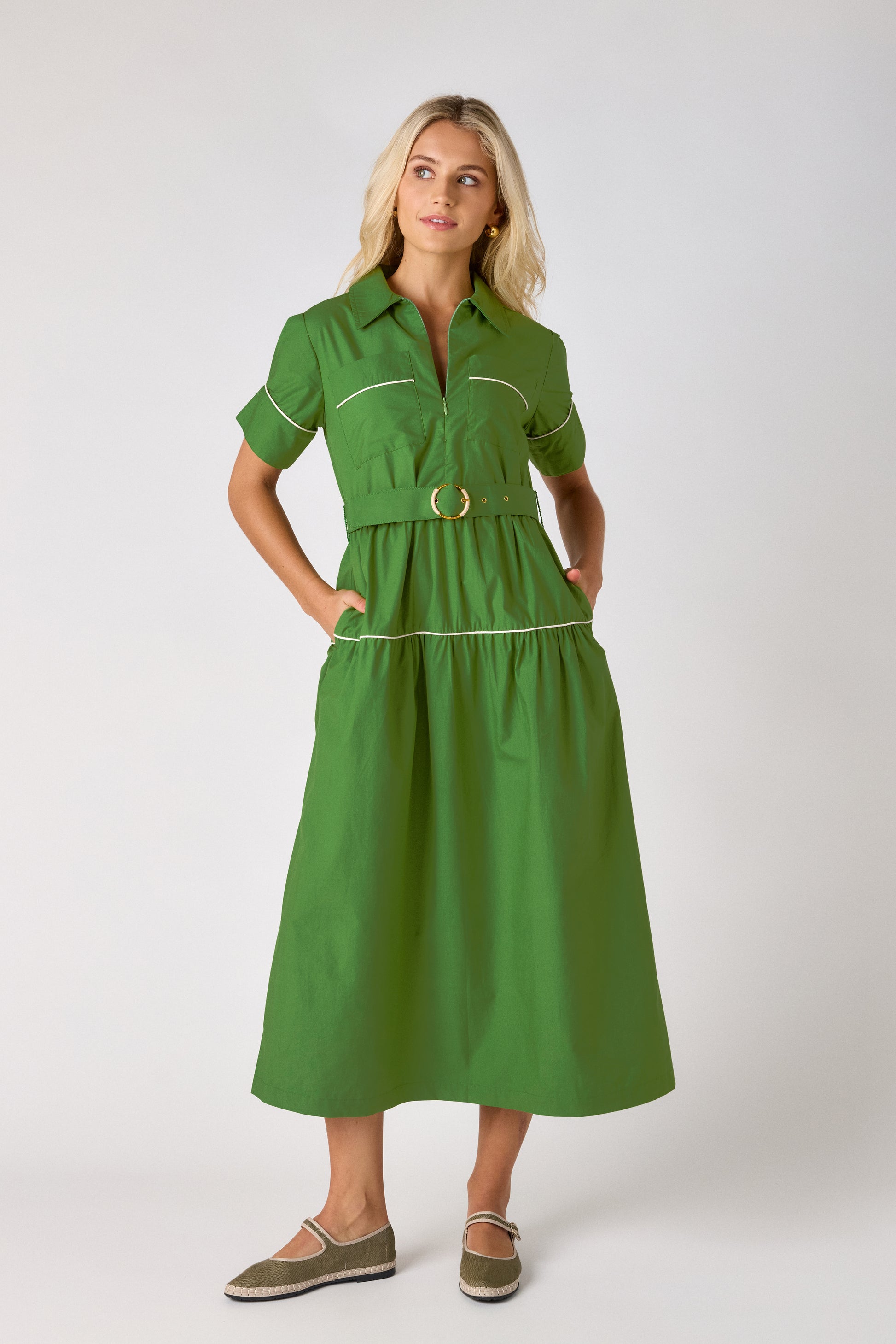 Grass short-sleeve collared midi dress with belt on model — CROSBY by Mollie Burch
