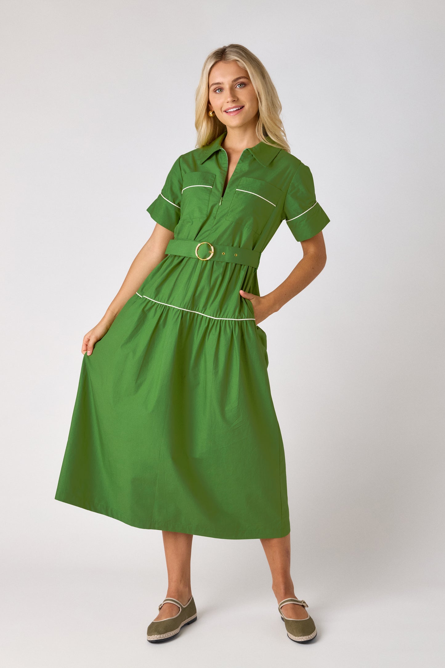 Grass short-sleeve collared midi dress with belt on model — CROSBY by Mollie Burch