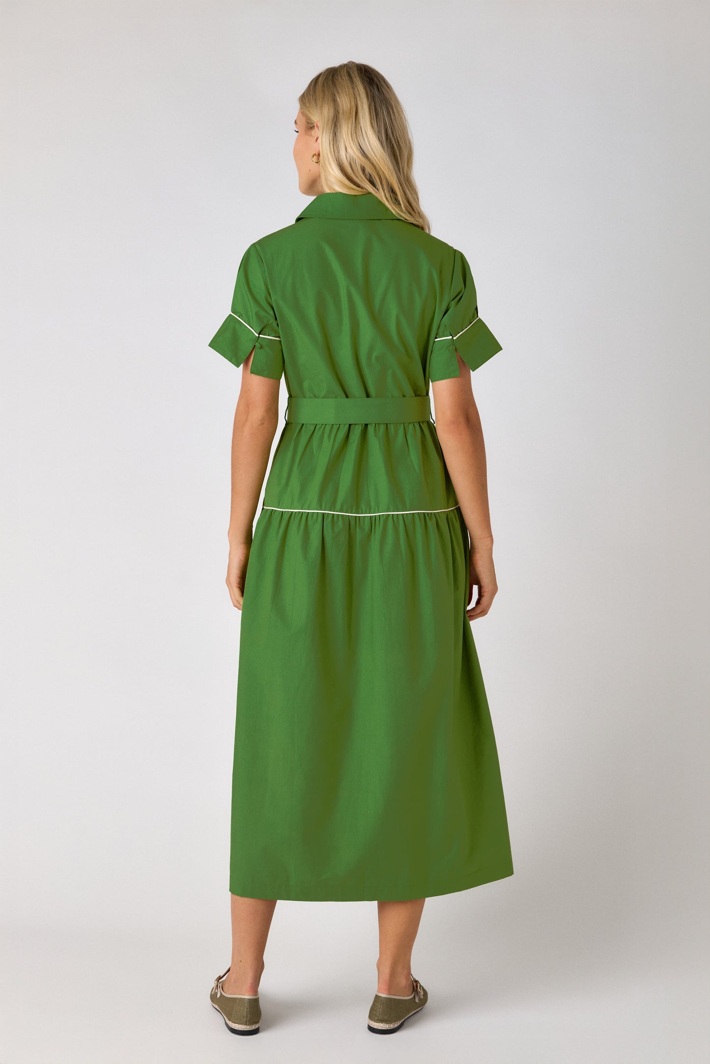 Grass short-sleeve collared midi dress with belt on model — CROSBY by Mollie Burch