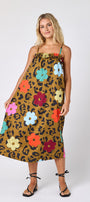 Happy Leopard tent style dress with smocking on model — CROSBY by Mollie Burch