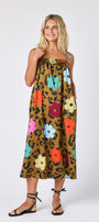 Happy Leopard tent style dress with smocking on model — CROSBY by Mollie Burch
