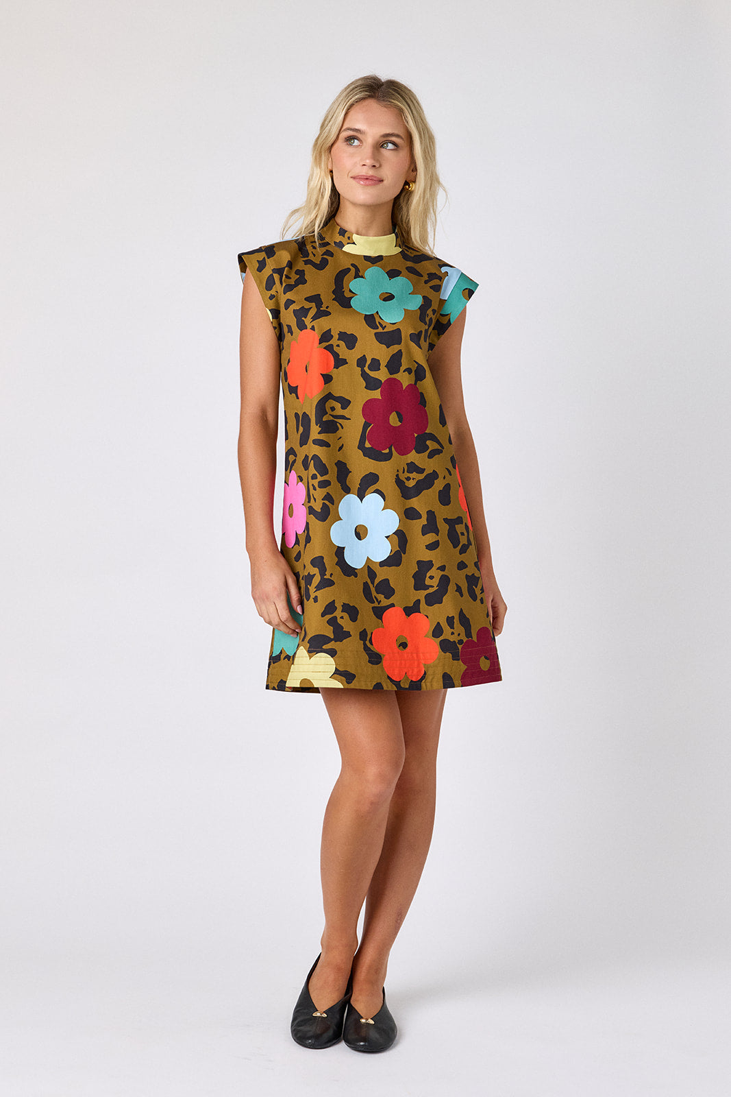 Happy Leopard structured A-line dress on model — CROSBY by Mollie Burch