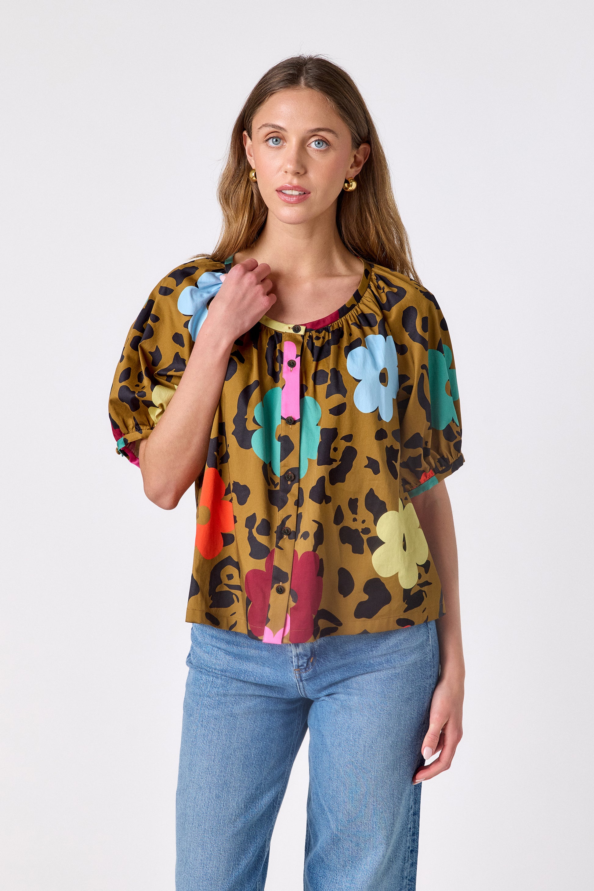 Happy Leopard button front top with balloon sleeves on model — CROSBY by Mollie Burch