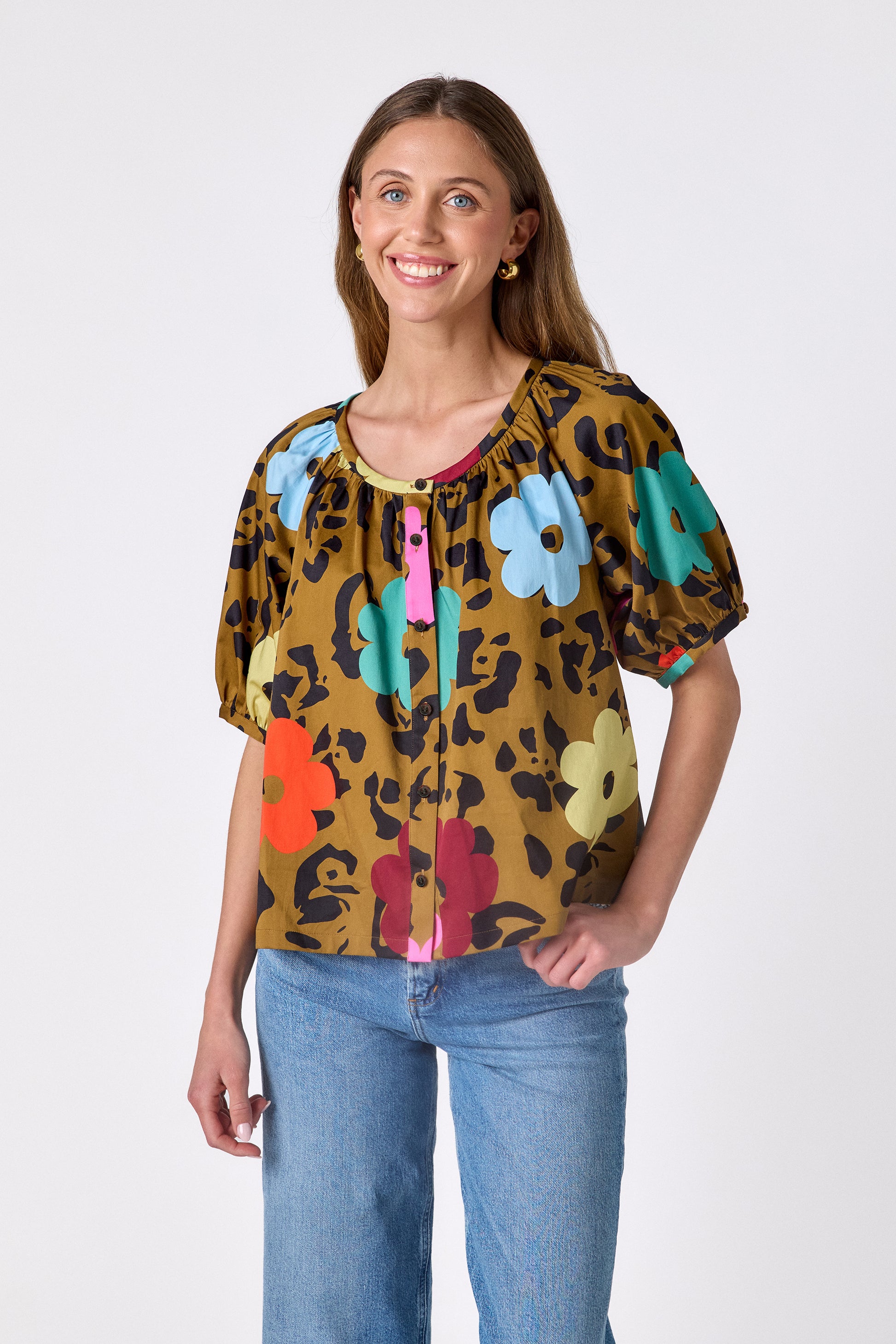 Happy Leopard button front top with balloon sleeves on model — CROSBY by Mollie Burch