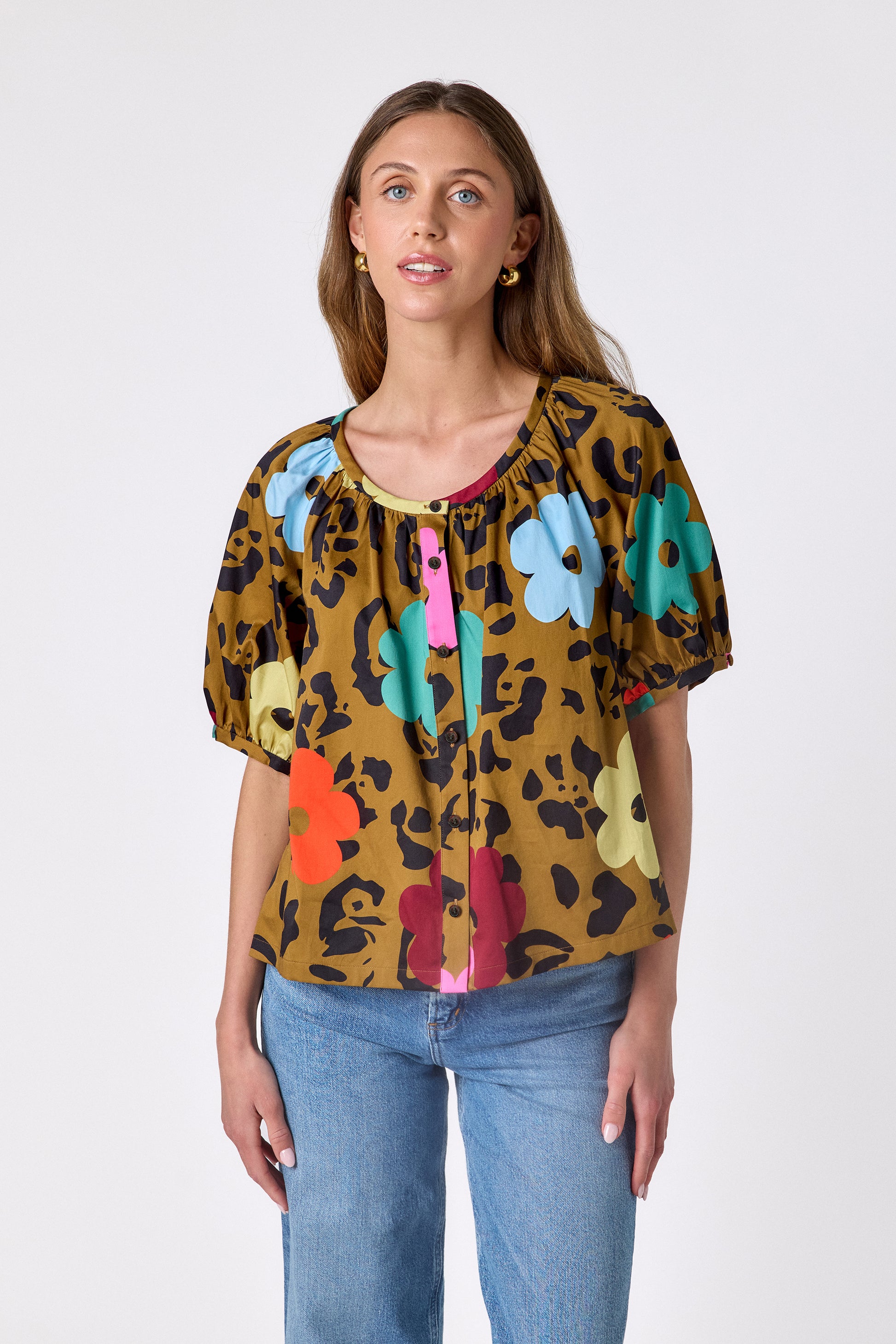 Happy Leopard button front top with balloon sleeves on model — CROSBY by Mollie Burch