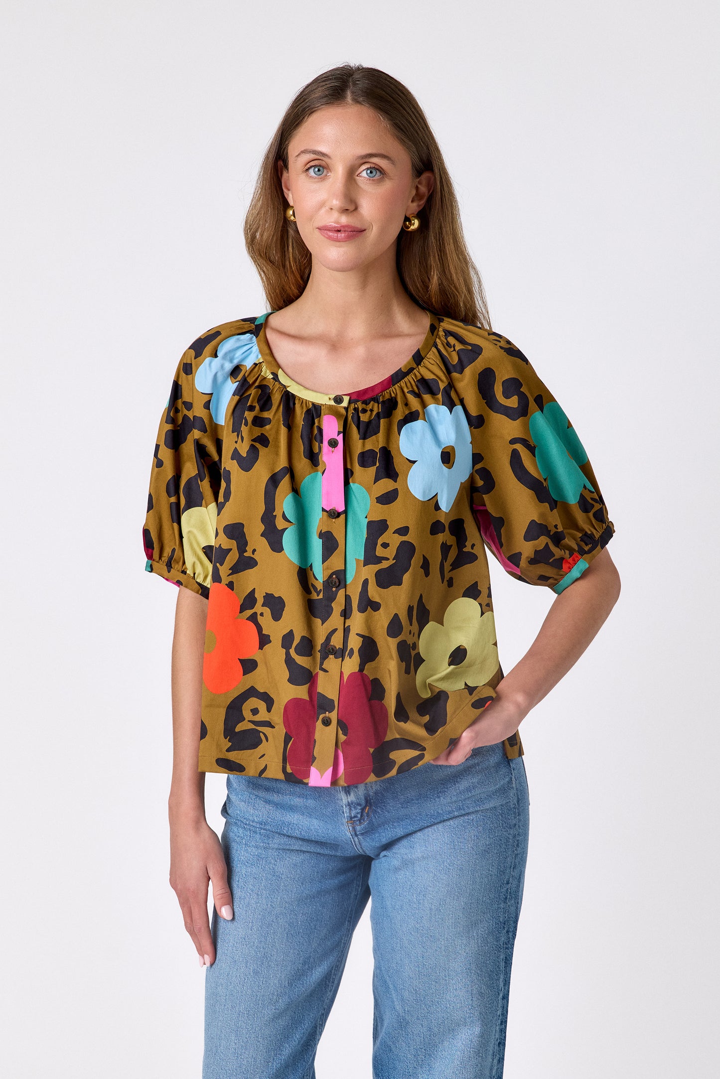 Happy Leopard button front top with balloon sleeves on model — CROSBY by Mollie Burch