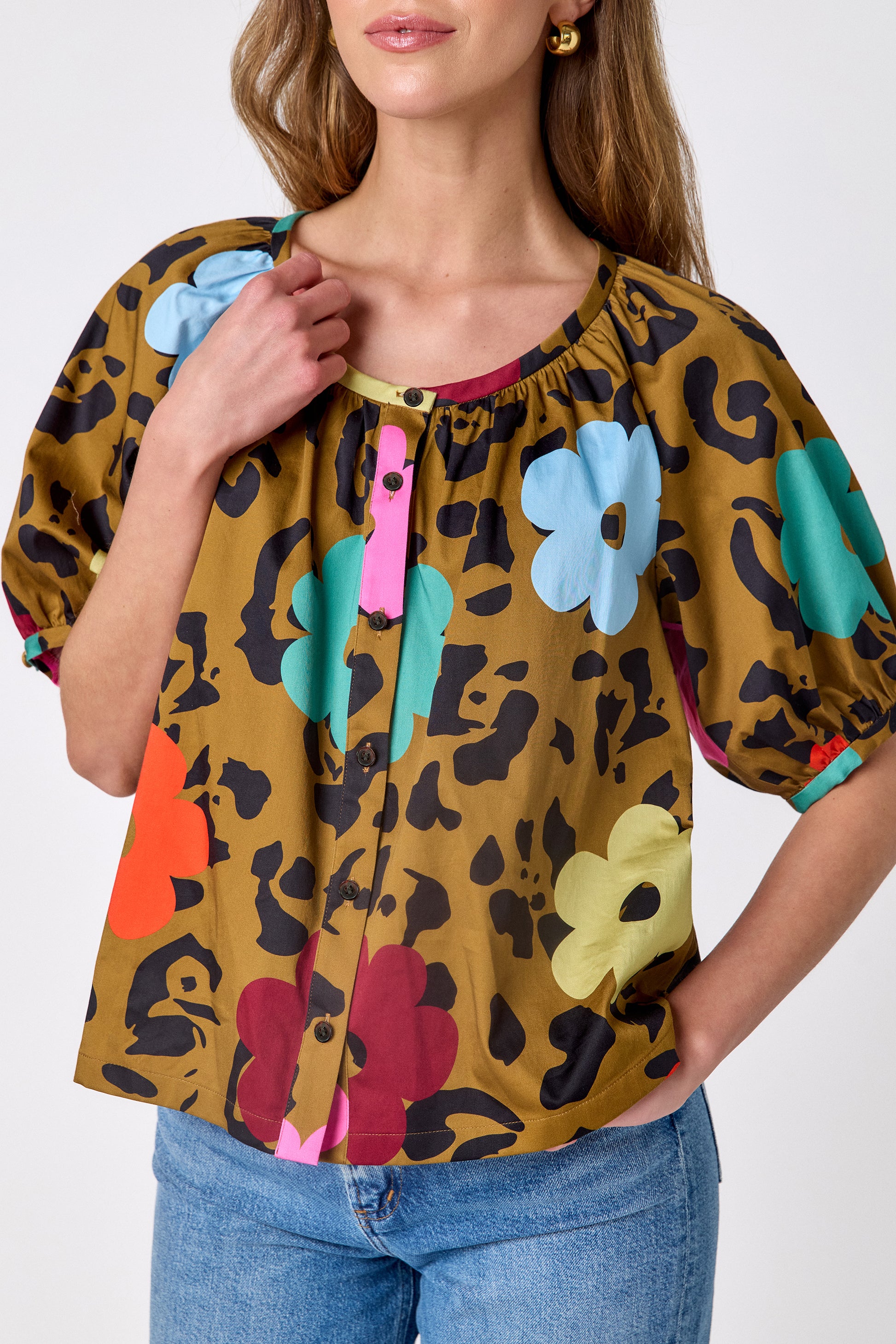 Happy Leopard button front top with balloon sleeves on model — CROSBY by Mollie Burch