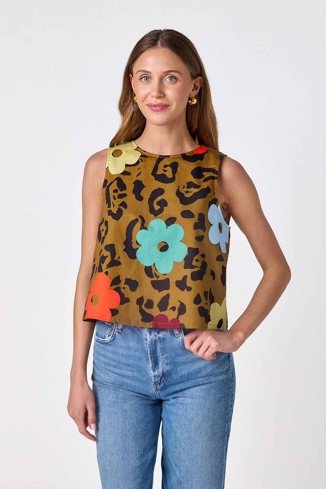 Happy Leopard boxy tank on model — CROSBY by Mollie Burch