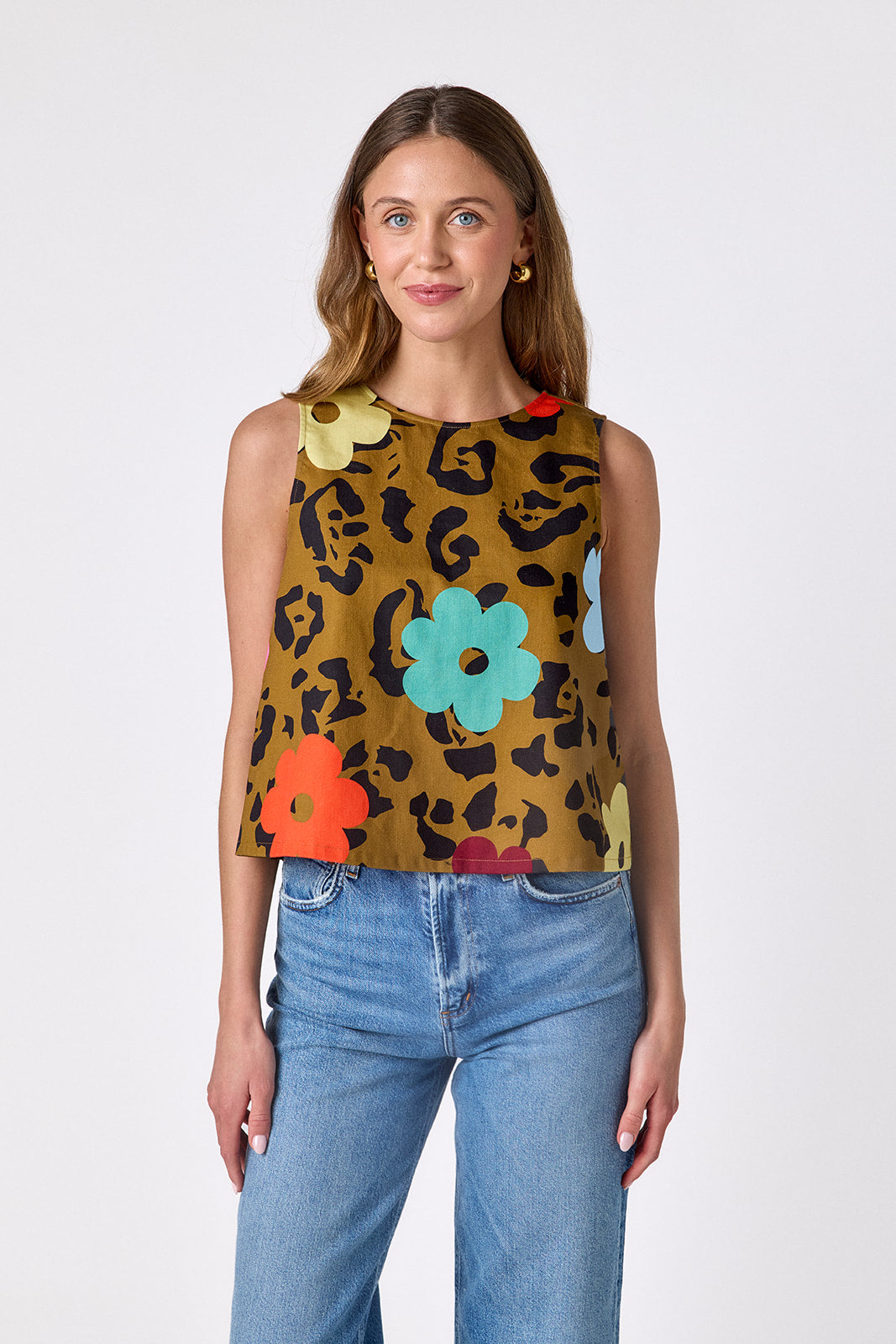 Happy Leopard boxy tank on model — CROSBY by Mollie Burch
