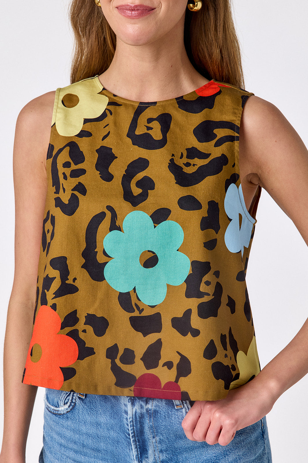Happy Leopard boxy tank on model — CROSBY by Mollie Burch
