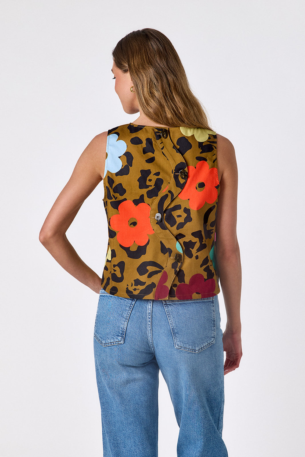 Happy Leopard boxy tank on model — CROSBY by Mollie Burch