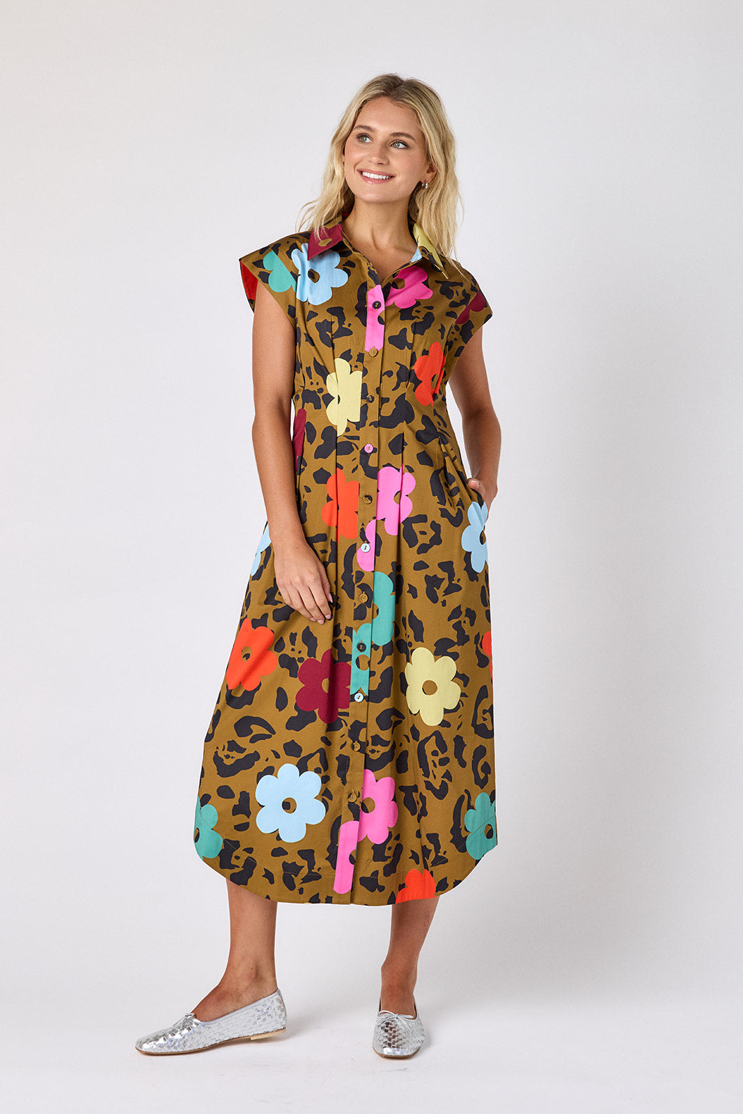 Happy Leopard collared button down dress with waist emphasis on model — CROSBY by Mollie Burch