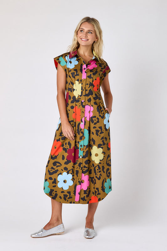 Happy Leopard collared button down dress with waist emphasis on model — CROSBY by Mollie Burch