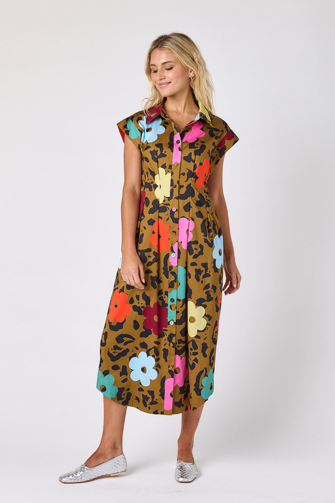 Happy Leopard collared button down dress with waist emphasis on model — CROSBY by Mollie Burch