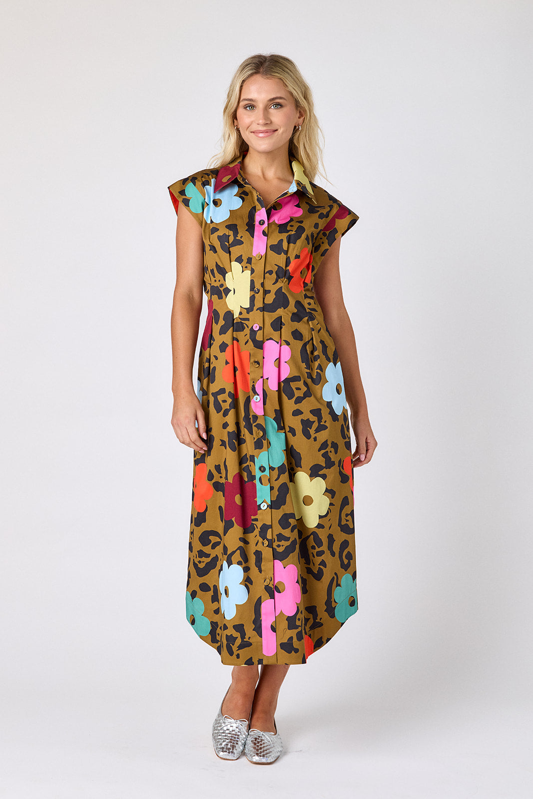 Happy Leopard collared button down dress with waist emphasis on model — CROSBY by Mollie Burch