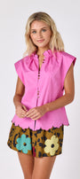 Happy Leopard shorts with Poppy Pink raglan top with scallop detail on model — CROSBY by Mollie Burch