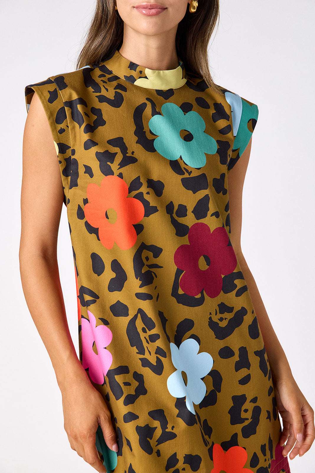 Happy Leopard structured A-line dress on model — CROSBY by Mollie Burch