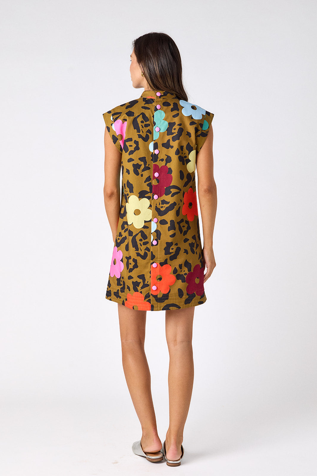 Happy Leopard structured A-line dress on model — CROSBY by Mollie Burch