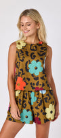 Happy Leopard shorts with matching boxy tank on model — CROSBY by Mollie Burch