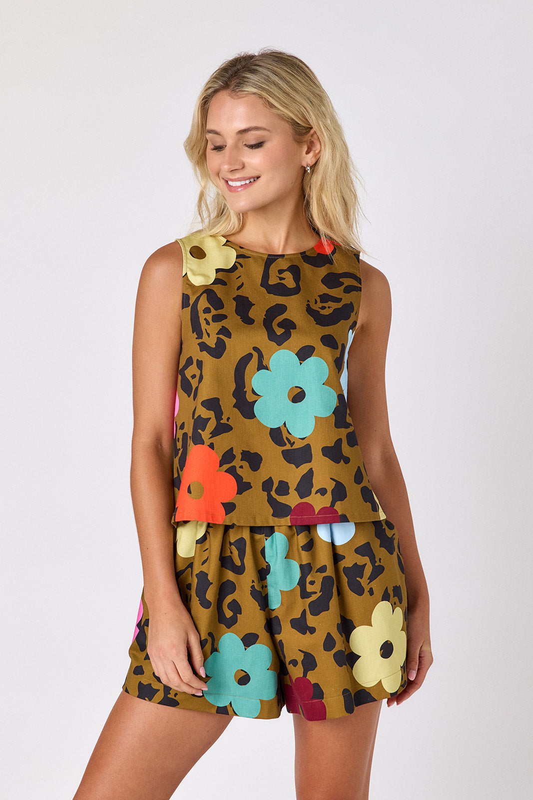 Happy Leopard boxy tank with matching short on model — CROSBY by Mollie Burch