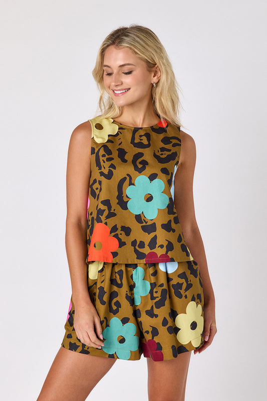 Happy Leopard boxy tank with matching short on model — CROSBY by Mollie Burch